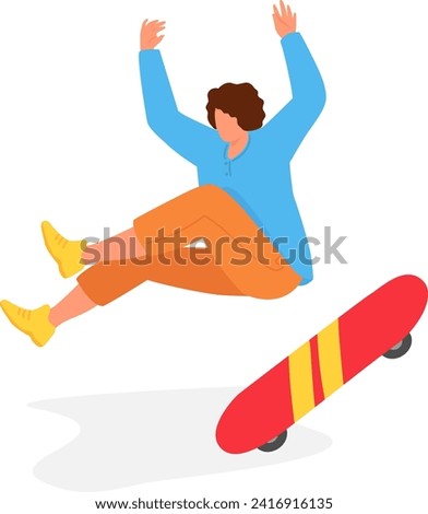 Young man falling off red skateboard, excitement and motion. Accident during street sports, skateboarding fail vector illustration.