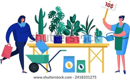 Female customer shopping for plants, wheelbarrow and garden tools sale. Woman vendor selling potted plants, pricing sign for 10 dollars vector illustration.