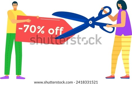 Man and woman holding giant scissors and cutting coupon with 70 off text. Concept of big sale and discounts, couple shopping. Colorful shopping promotion vector illustration.