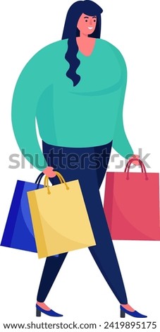 Smiling plus size woman shopping with colorful bags. Fashionable curvy female enjoying retail. Body positivity and fashion shopping spree vector illustration.