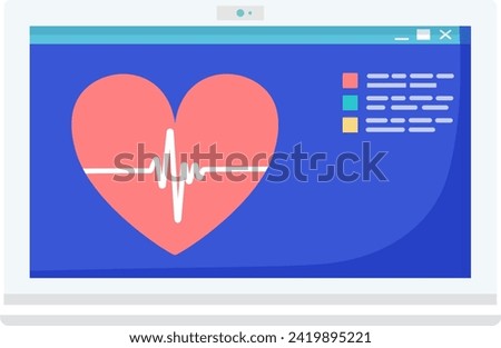 Laptop screen with heart symbol and ECG line. Digital health concept, online medical services. Heartbeat monitor interface vector illustration.
