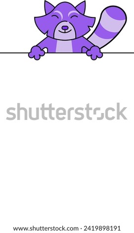Purple cartoon cat peeping over edge with a joyful expression. Happy feline character in playful pose vector illustration.