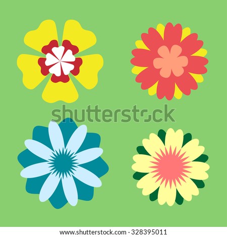 Vector flowers icons isolated on green background illustration. Abstract flowers, green nature flowers, eco flowers, bio flowers, nature colors. Abstract vector flowers icons, flower icons silhouette