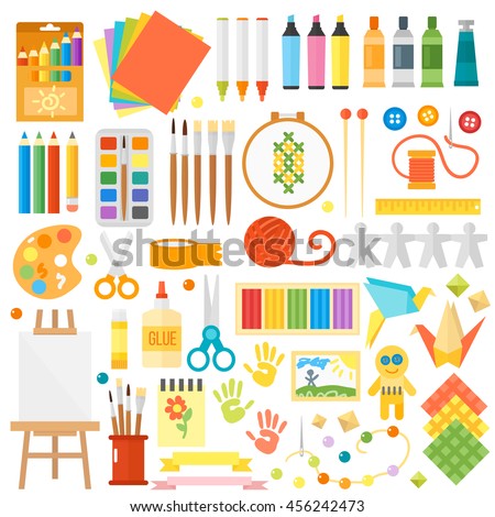 Themed kids creativity creation symbols art poster in flat style vector