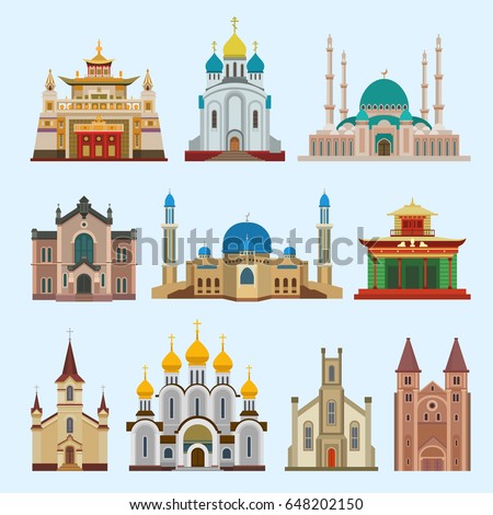 Cathedral church different religion creed temple traditional building landmark churchy tourism vector illustration
