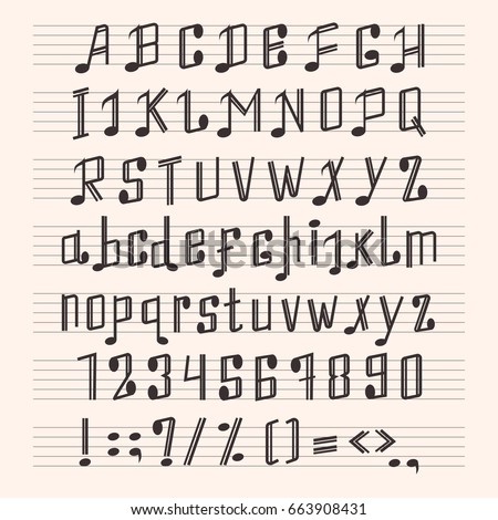 Musical decorative notes alphabet font hand mark music score abc typography glyph paper book vector illustration