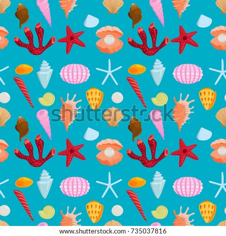 Sea shells marine cartoon clam-shell seamless pattern background ocean starfish coralline vector illustration