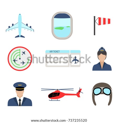 Aviation icons set airline station airport symbols departure terminal plane stewardess tourism vector illustration