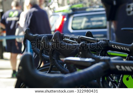 Liverpool, United Kingdom, September 7th, 2014. Movistar bikes lined up waiting for the riders on Stage 1 of The Tour of Britain