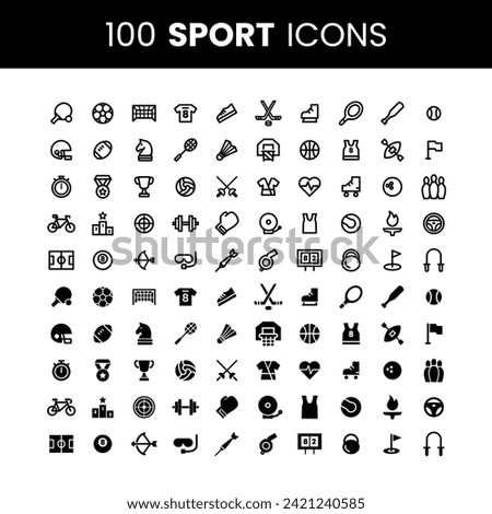 100 Sport Icons. Simple Line Style and Solid Vector. Perfect Illustrations