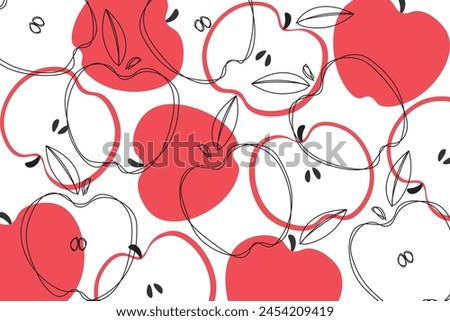 Vector seamless pattern with red apple line art.  Seamless decorative background with red apples. Bright summer design