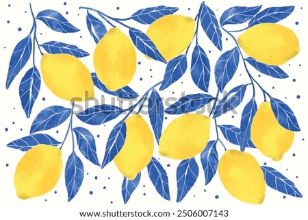 Watercolor Lemons Pattern Background. Spring, Summer  Background. Summer card with lemon branch. Watercolor pattern design elements with citrus fruits