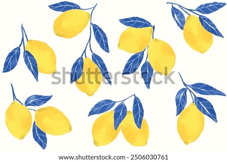 Set of watercolor Lemons with leaves Pattern Background. Spring, Summer Background. Summer card with lemon branch. Watercolor pattern design elements with citrus fruits