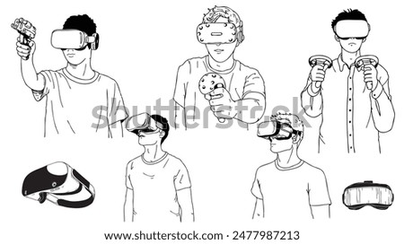 Illustration of a young man enjoying a virtual reality.holding VR controllers, and diving into a futuristic world of imagination and gaming.