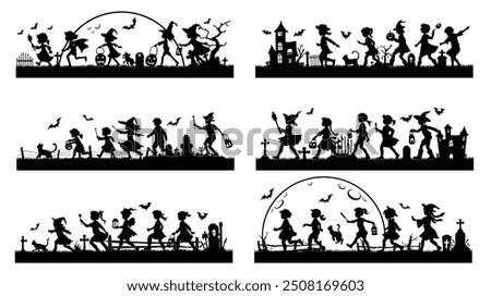 Set of trick or treat silhouettes , Spooky halloween border illustration,Cute Cartoon Style Illustration for Kids' Holiday Halloween vector for decoration or sticker