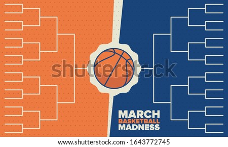 March Basketball Madness. Game Day Party. Professional team championship. Playoff grid, tournament bracket. Regular season and final game. Ball for basketball. Sport poster. Vector illustration