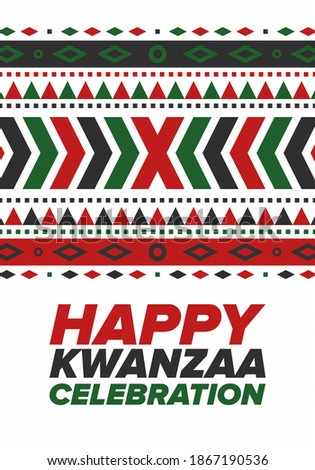 Kwanzaa Happy Celebration. African and African-American culture holiday. Seven days festival, celebrate annual from December 26 to January 1. Black history. Poster, card, banner and background. Vector