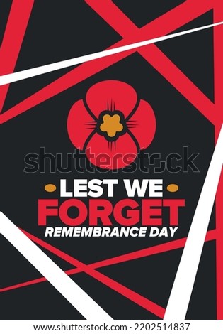 Remembrance Day. Lest we Forget. Remembrance poppy. Poppy day. Memorial day observed in Commonwealth member states to honour armed forces members who have died in the line of duty. Red poppy. Vector Foto stock © 