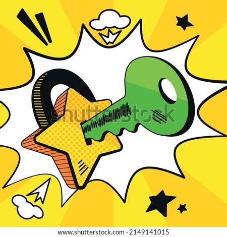 Key in a headband with a star shape, vector illustration in pop art, comic style. One picture from the Super Star series