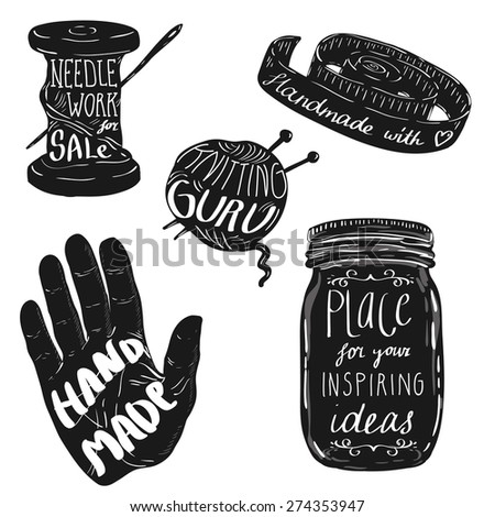 Hand made vector objects. Lettering. Knitting, sewing.