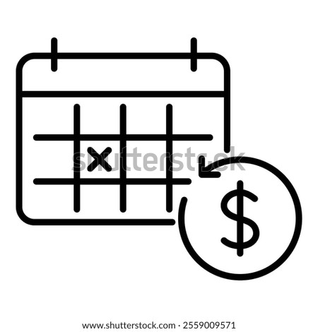 A calendar featuring a bookmarked date, paired with a dollar sign icon encircled by an anticlockwise arrow round line vector icon with editable stroke