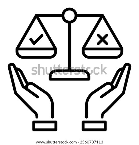 Two hands encircling a balance scale with a checkmark on one side and a cross on the other, symbolizing decision-making and fairness, round line vector icon with editable stroke