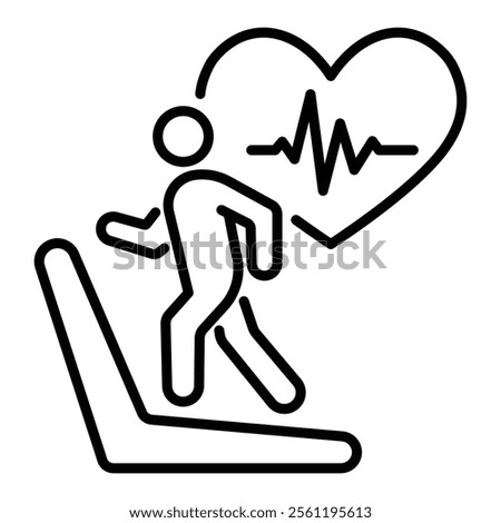 A person running on a treadmill, accompanied by a heartbeat symbol, representing fitness, health, and personal endurance round line vector icon with editable stroke