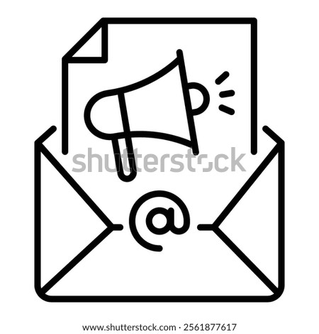 Envelope with a paper featuring a speaker icon, symbolizing digital marketing email communications, newsletter, updates,  announcements round line vector icon with editable stroke