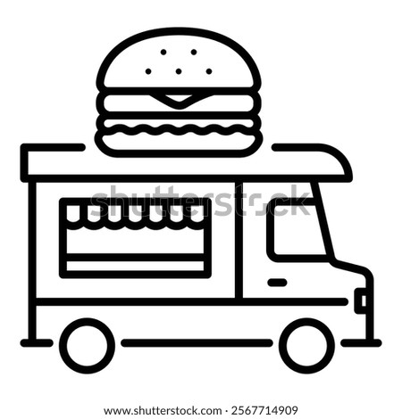 A burger food truck round line vector icon with editable stroke 