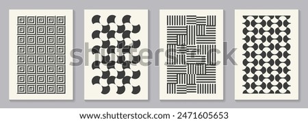 Retro set of black and white geometric vector pattern minimal posters with 20s geometric design. Trendy bauhaus pattern background for cover design, poster and interior.