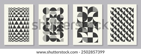 Retro set of black and white geometric vector pattern minimal posters with 20s geometric design. Trendy bauhaus pattern background for cover design, poster and interior.