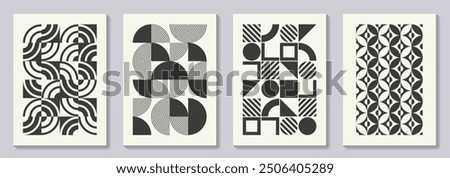 Retro set of black and white geometric vector pattern minimal posters with 20s geometric design. Trendy bauhaus pattern background for cover design, poster and interior.