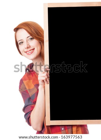 Redhead girl with blackboard on white background