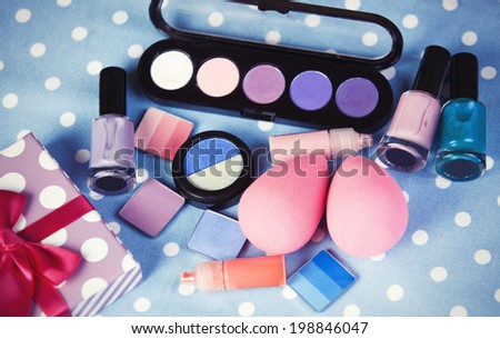 Cosmetics on table.