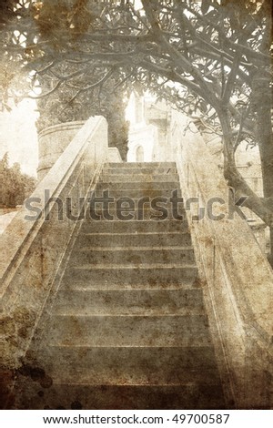 Stairs at Livadia palace, Crimea, Ukraine. Photo in old image style.
