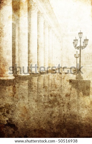 Lamp and column of Odessa mayor's office in Odessa, Ukraine. Photo in old image style.