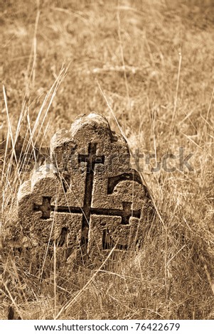 Old orthodox graves of 19s century. Photo in old image style.