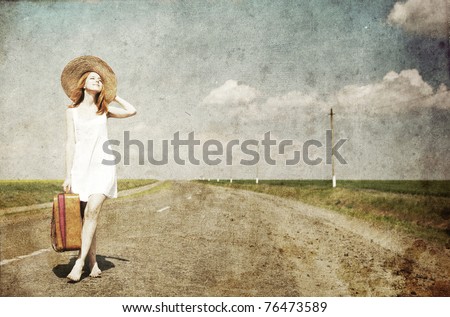 Lonely Girl With Suitcase At Country Road.Photo In Old Image Style ...