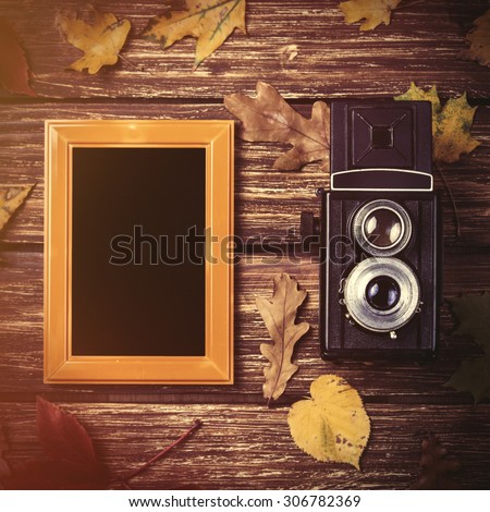 Autumn leafs, camera and frame on wooden table.