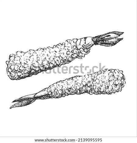 Japanese dishes. Hand-drawn illustration of Fried Shrimps. Vector. Ink drawing. 