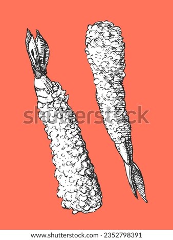 Japanese dishes. Hand-drawn illustration of Fried Shrimps. Vector. Ink drawing. 