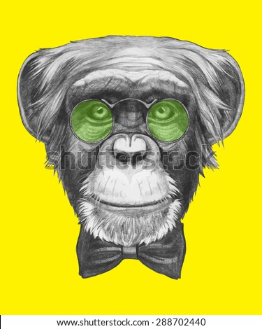 Hand drawn portrait of Monkey with glasses and bow tie. Vector isolated elements.
