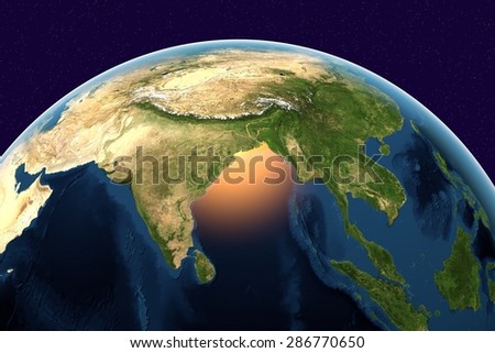 Planet Earth; the Earth from space showing India, Sri Lanka, Indonesia on globe in the day time; elements of this image furnished by NASA