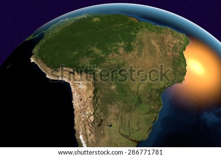 Planet Earth; the Earth from space showing South America, Argentina, Bolivia, Brazil, Chile, Colombia, Ecuador, Paraguay, Peru, Uruguay, Venezuela; elements of this image furnished by NASA