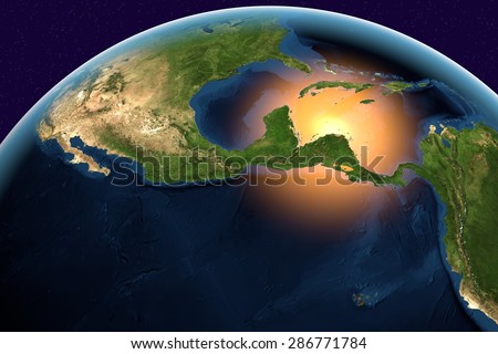 Planet Earth; the Earth from space showing Central America, Belize, Costa Rica, El Salvador, Guatemala, Honduras, Nicaragua, Panama on globe in the day time; elements of this image furnished by NASA
