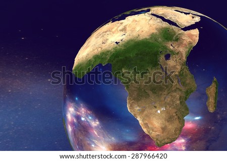 The Earth from space on the background with stars and galaxies showing Africa on globe in the day time; elements of this image furnished by NASA