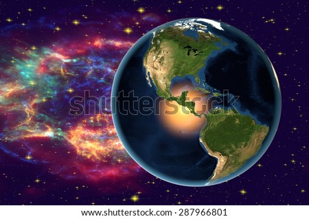 The Earth from space on the background with stars and galaxies showing North and South Americas, Central America, USA, Brazil on globe in the day time; elements of this image furnished by NASA