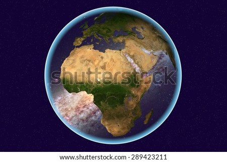 Planet Earth on background with stars; the Earth from space showing Arabian peninsula and Africa on globe in the day time; galaxies are reflected in water; elements of this image furnished by NASA