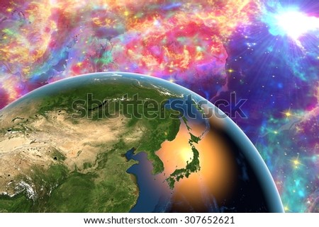 The Earth from space showing Japan on surrealistic background with galaxies, elements of this image furnished by NASA, other orientations available