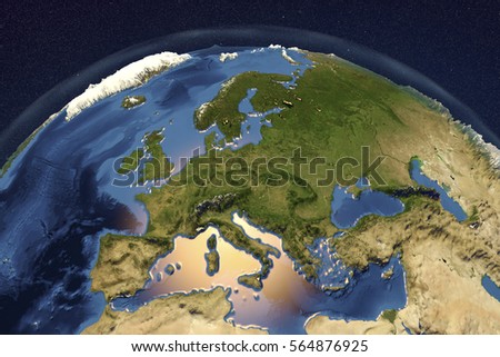 Planet Earth from space showing Western Europe with enhanced bump, 3D illustration, Elements of this image furnished by NASA ストックフォト © 